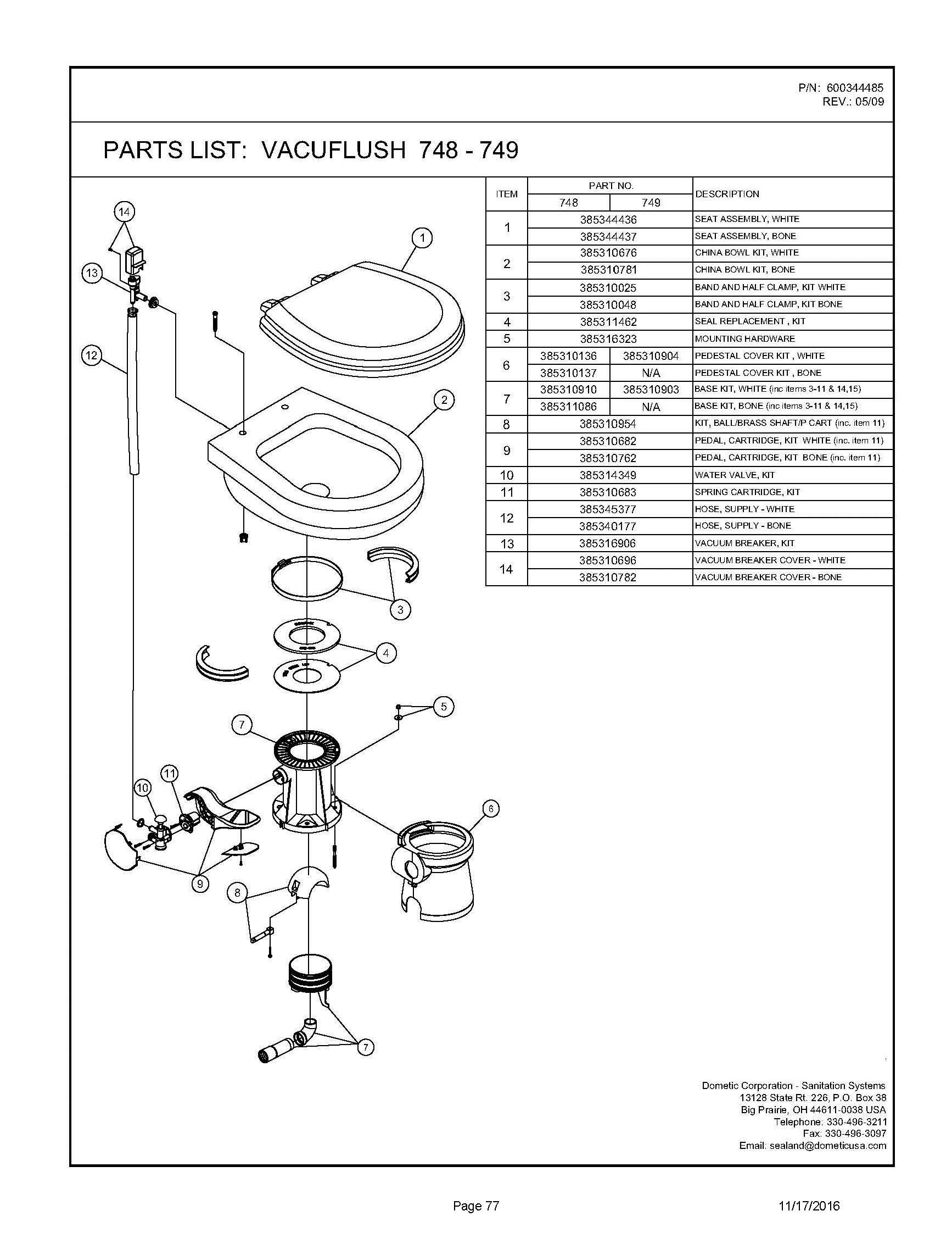Sealand Dometic Vacuflush 748 Toilet Spare Parts